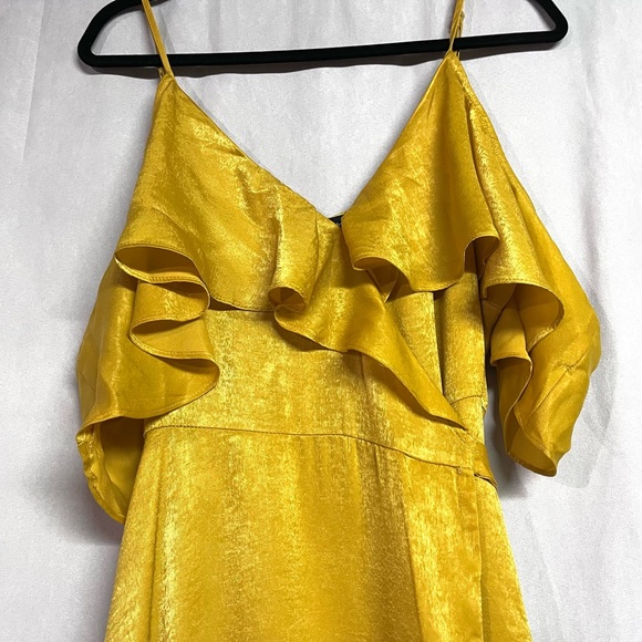Lulu's Mustard Yellow Satin Wrap Off Shoulder Dress Size XL - Picture 6 of 8